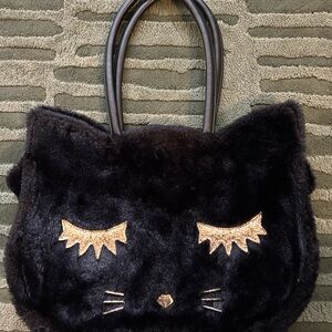 Black Cat Face Faux Fur Handbag